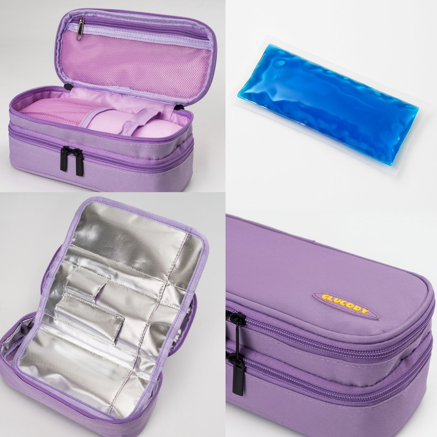 Lila tragbarer Insulinkühler | Doppelfach + 2 Kühlgels