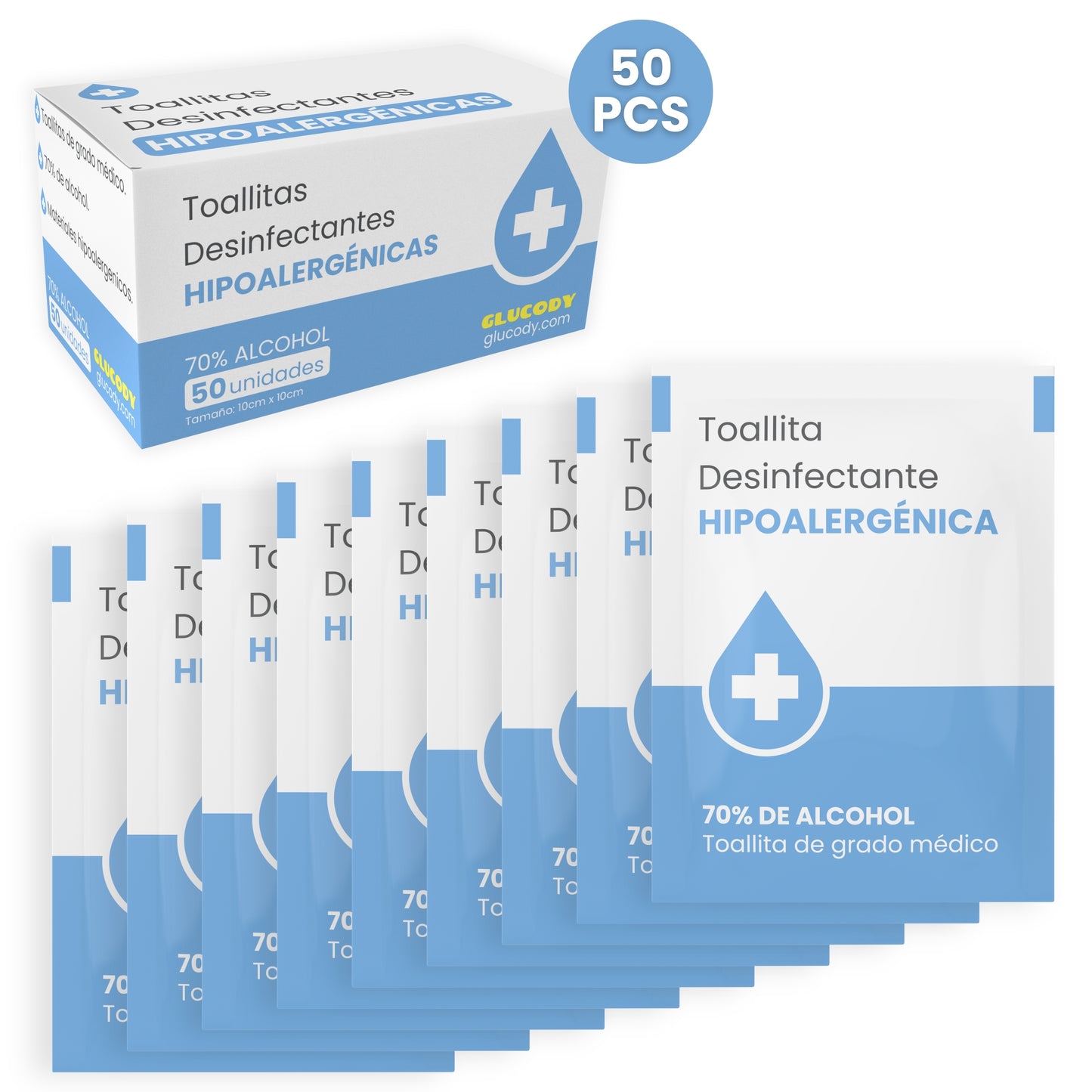 50pc TOALLITAS DÉSINFECTANTES HYPPOALLERGÉNIQUES 70% ALCOOL | Monodoses Stériles De Qualité Médicale
