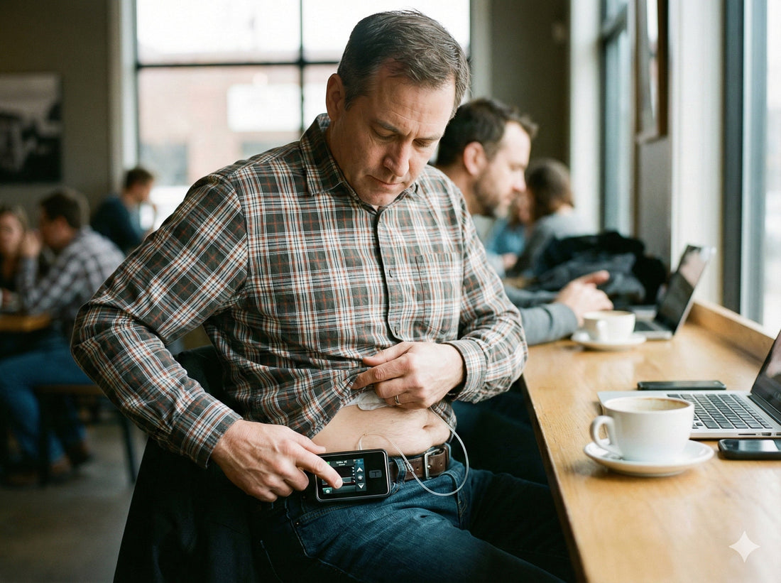 Hombre con una bomba de insulina
