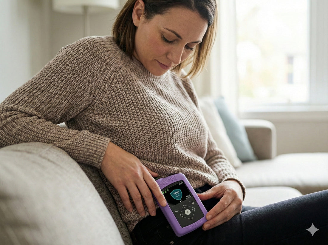mujer con bomba de insulina y funda de glucody