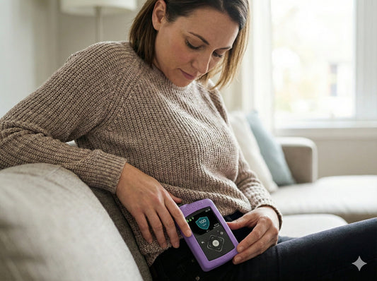 mujer con bomba de insulina y funda de glucody