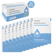 50 TOALHITAS DESINFETANTES HIPOALERGÉNICAS 70% ÁLCOOL