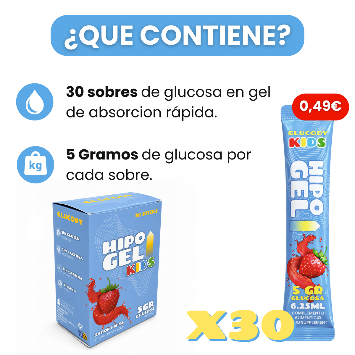 GEL DE GLUCOSE POUR ENFANTS 5 g | BOÎTE DE 30 SACHETS À ABSORPTION RAPIDE