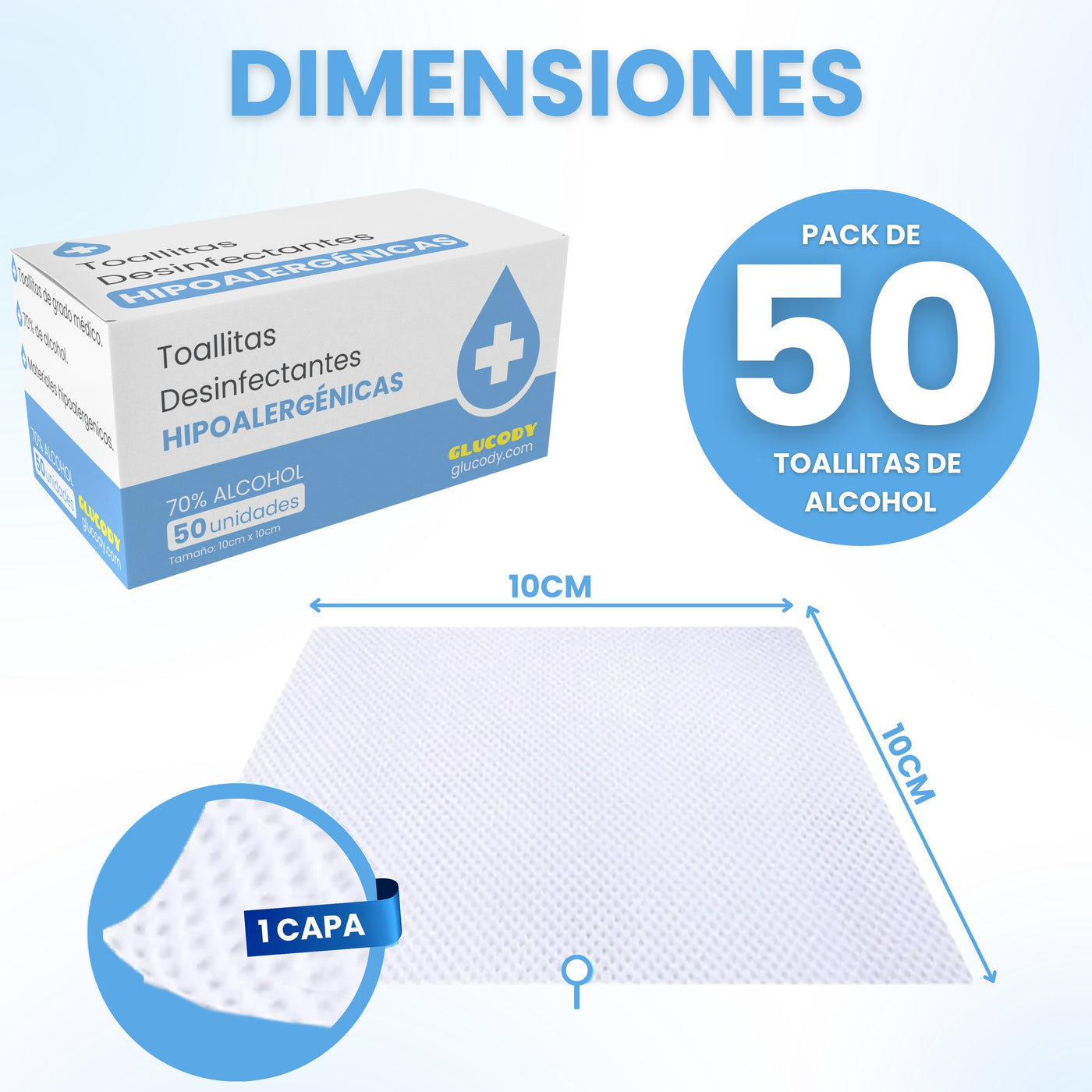 50 TOALHITAS DESINFETANTES HIPOALERGÉNICAS 70% ÁLCOOL