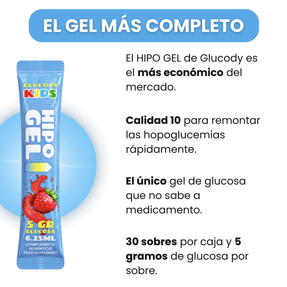 GEL DE GLUCOSE POUR ENFANTS 5 g | BOÎTE DE 30 SACHETS À ABSORPTION RAPIDE