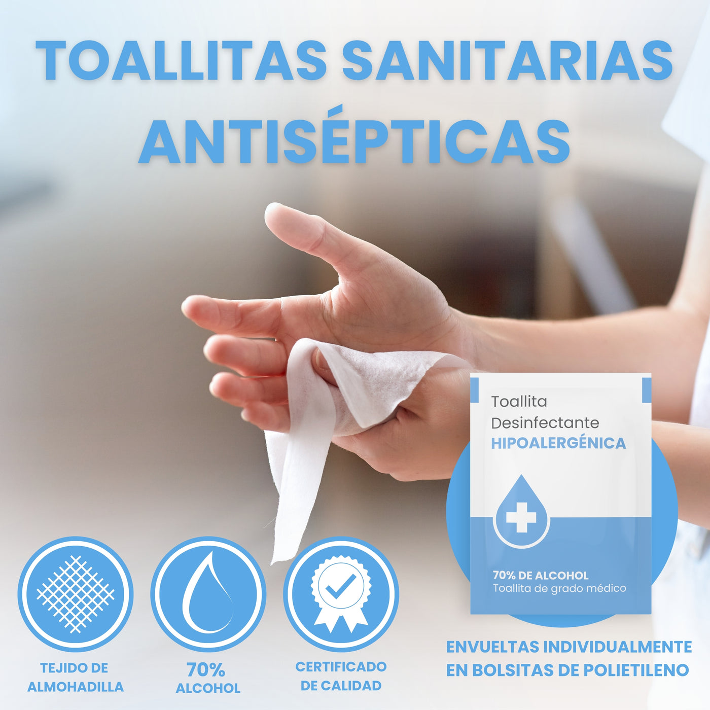 50 TOALHITAS DESINFETANTES HIPOALERGÉNICAS 70% ÁLCOOL