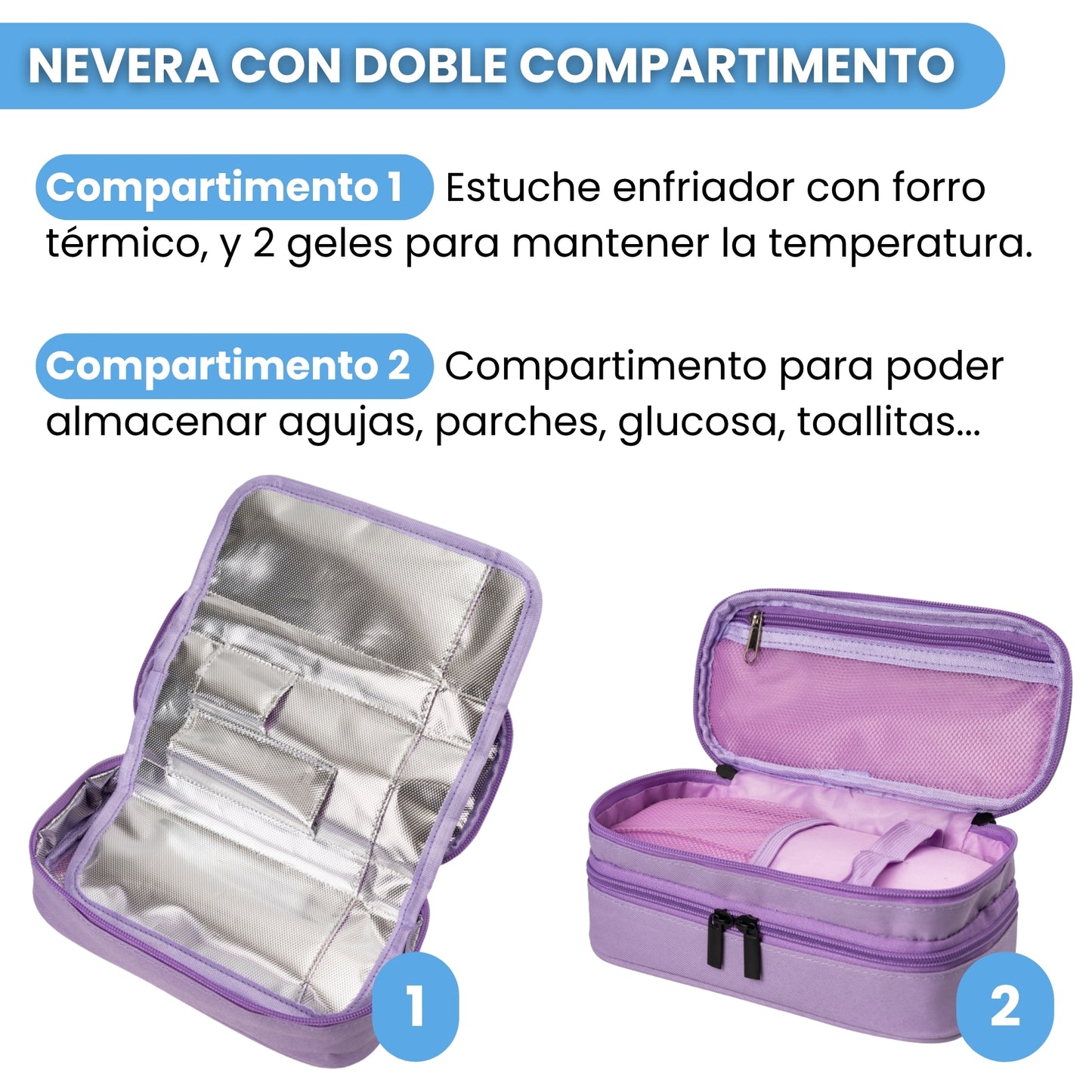 Nevera Insulina Portátil MORADO | DOBLE COMPARTIMENTO + 2 GELES ENFRIADORES
