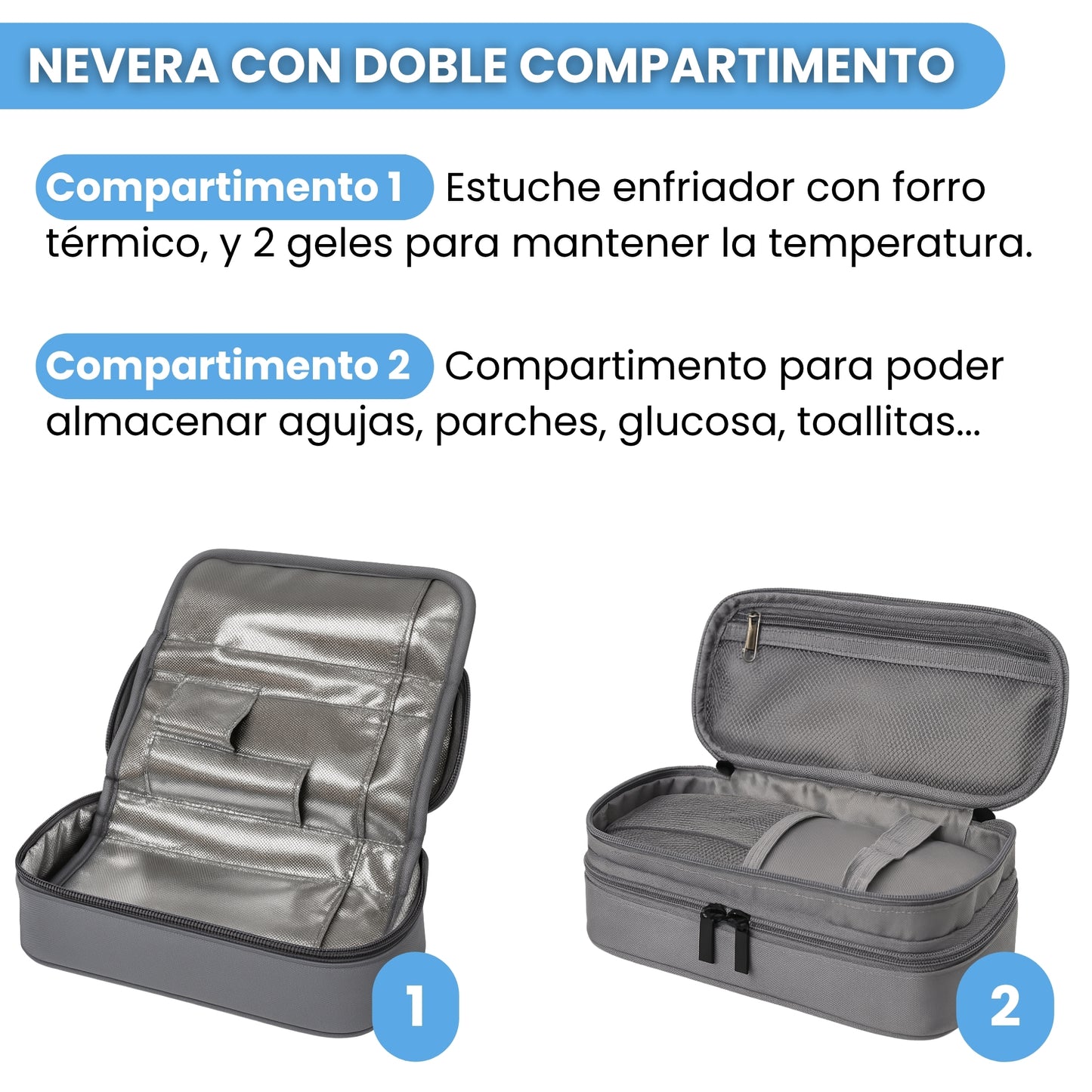 Nevera Insulina Portátil GRIS | DOBLE COMPARTIMENTO + 2 GELES ENFRIADORES