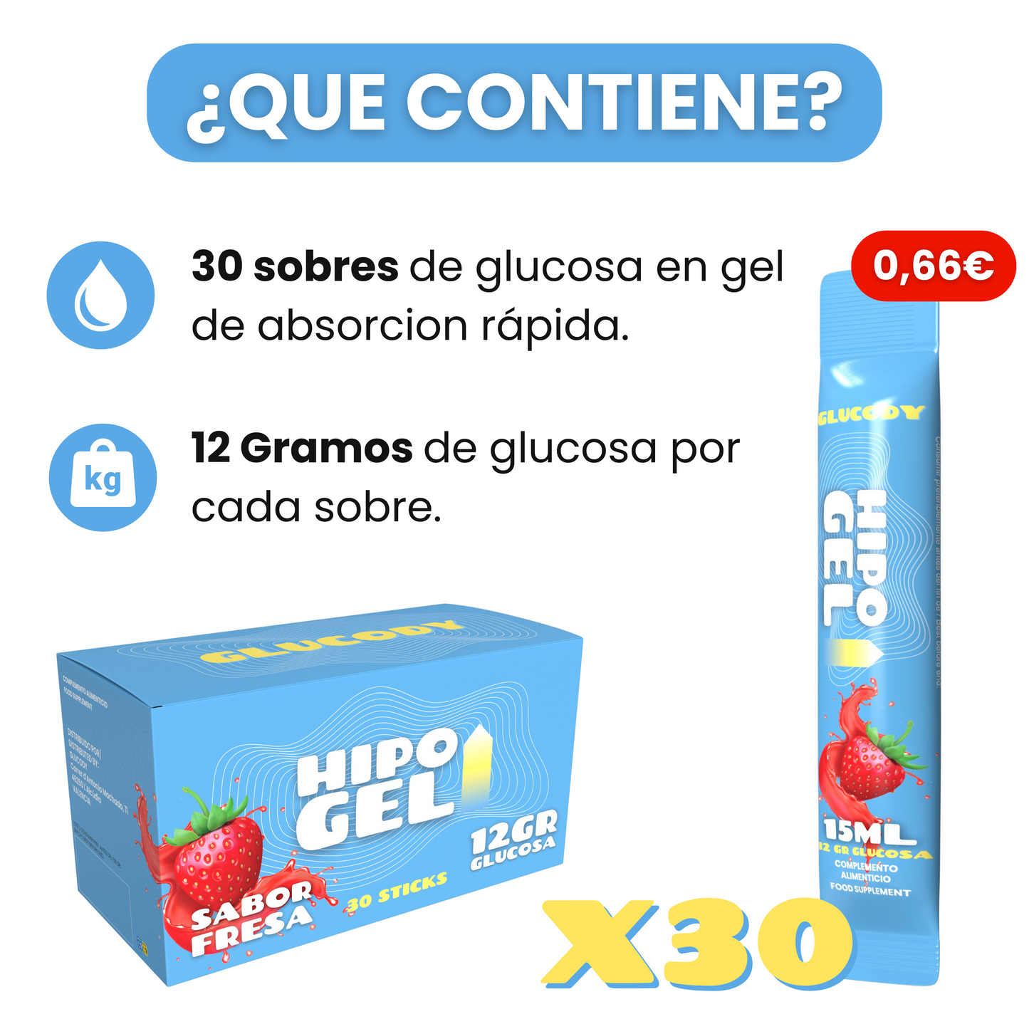 GEL DE GLUCOSA 12gr | Caja de 30 SOBRES de absorción rápida para hipoglucemias